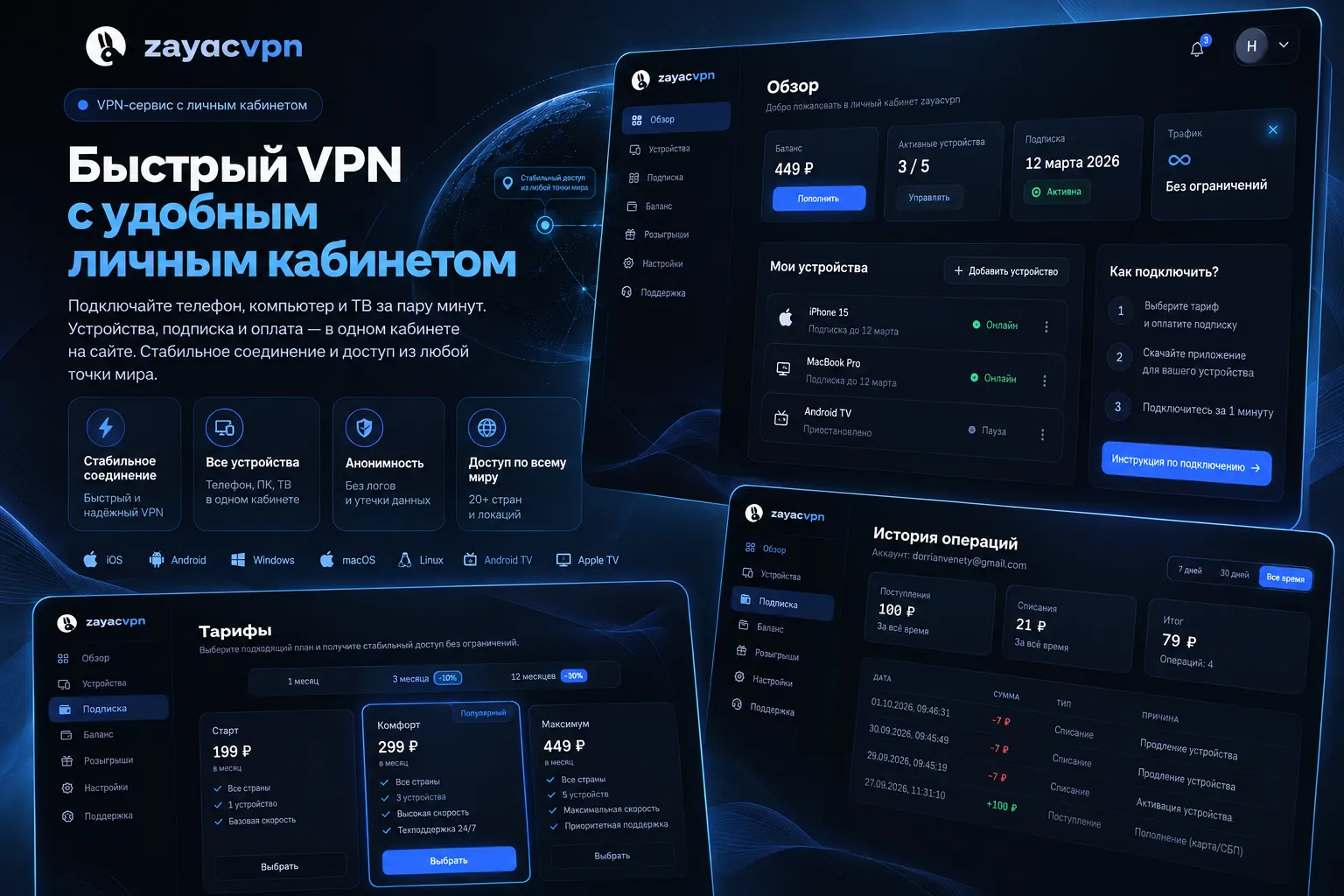 ZayacVPN — VPN-сервис с личным кабинетом и ботами везде